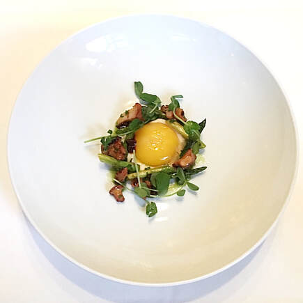 Wallsé, NYC- Green Asparagus, Egg Yolk, Chanterelles, Celery - Photo by Cuisine Inspired