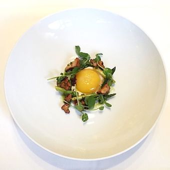 Wallsé, NYC- Green Asparagus, Egg Yolk, Chanterelles, Celery - Cuisine Inspired