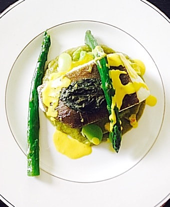 Saffron Sea Bass, Asparagus, Garden Pea Purée Recipe - Cuisine Inspired