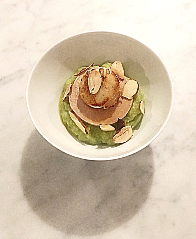 Foie Gras Scallop over Green Cauliflower Purée - Cuisine Inspired